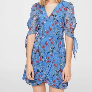 Mango blue floral wrap tie mini puff sleeve dress women's 2
